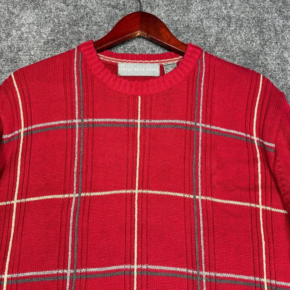 Oscar De La Renta Sweater Mens XL Red Plaid Cotton Crew Neck Ribbed Cuffs Hem